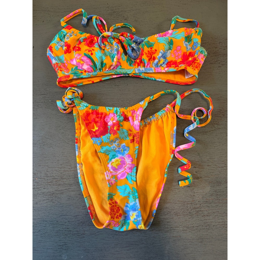 Xhilaration Orange Floral Bikini Set Keyhole Top Side Tie Bottoms Medium